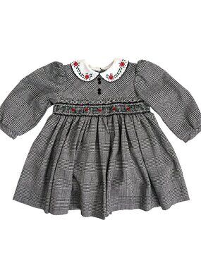 Vintage Sarah Louise Infant Dress, Black White Plaid Smocked, 12 Months